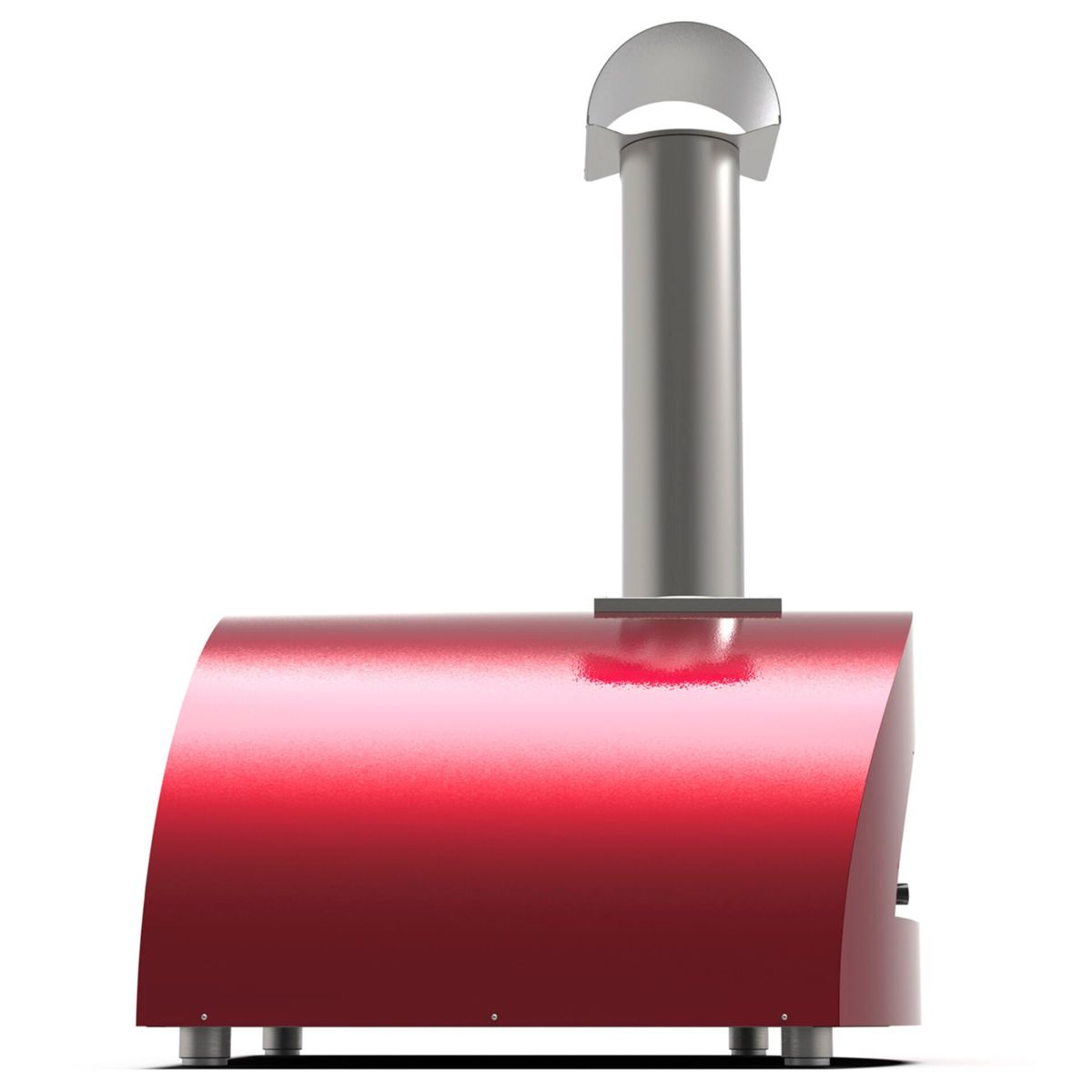 Ein roter Ofen mit einem metallischen Schornstein und Kappe, isoliert auf weißem Hintergrund.