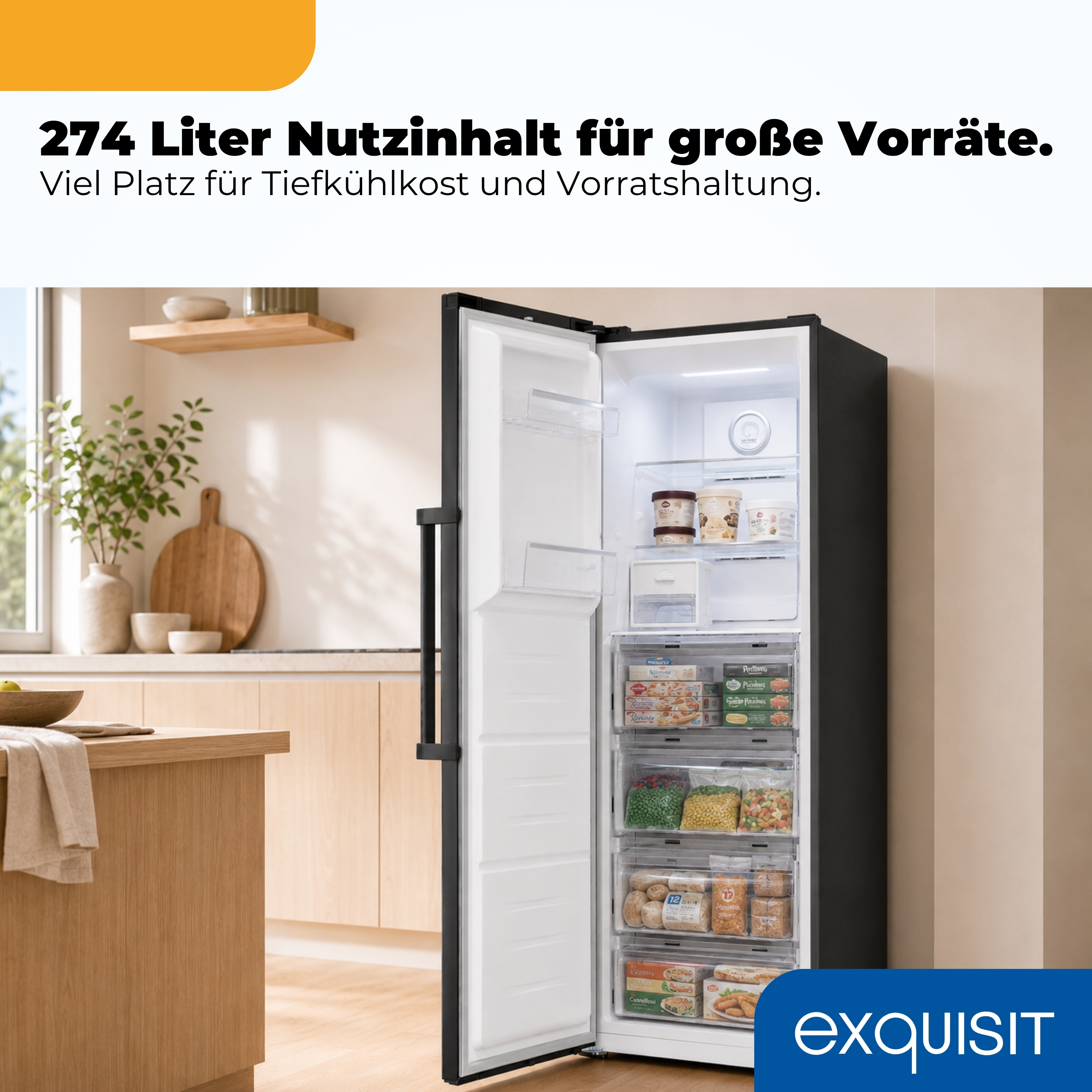 Ein offener schwarzer Kühlschrank gefüllt mit Tiefkühlkost.