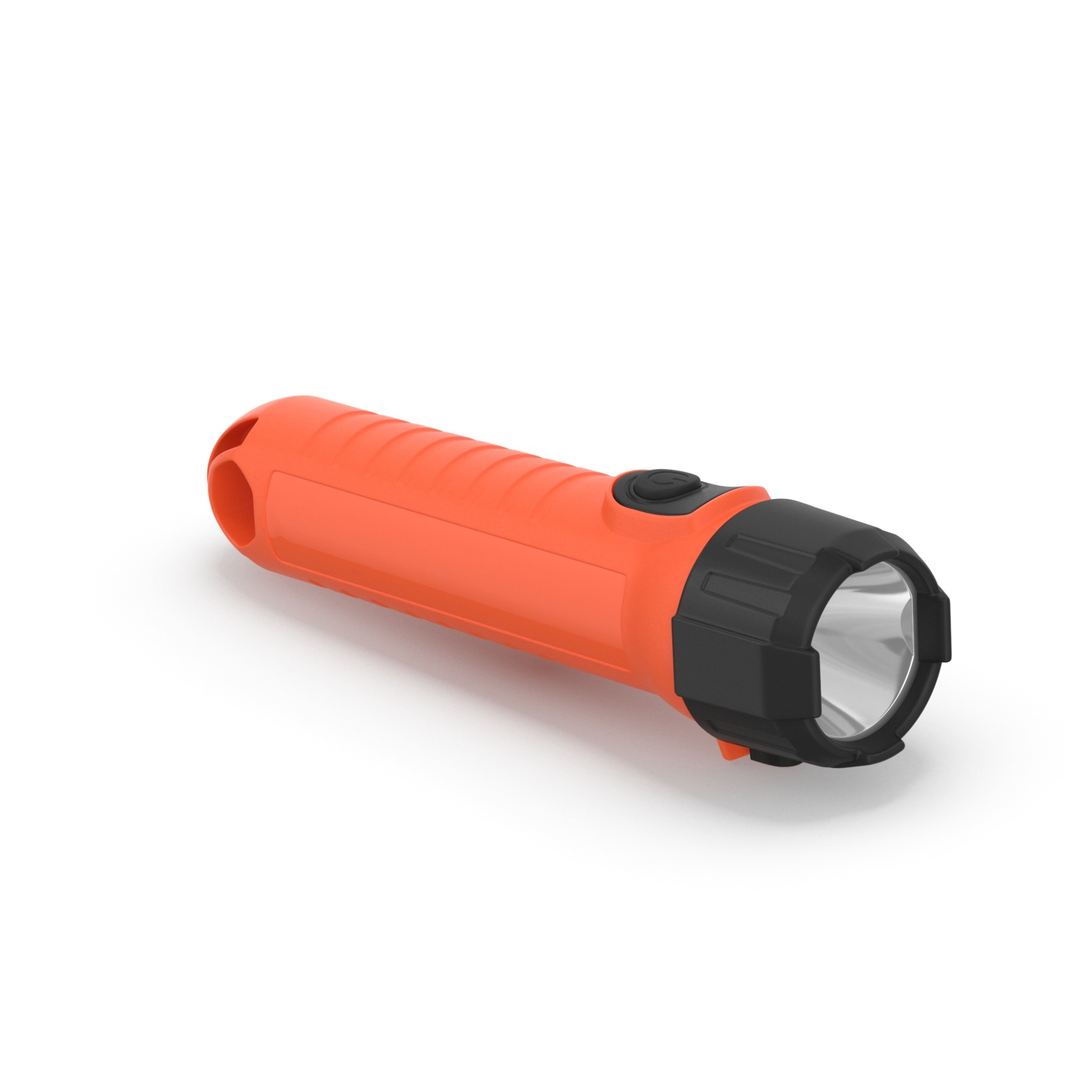 Eine orangefarbene Taschenlampe mit schwarzem Griff und Reflektor auf weißem Hintergrund.