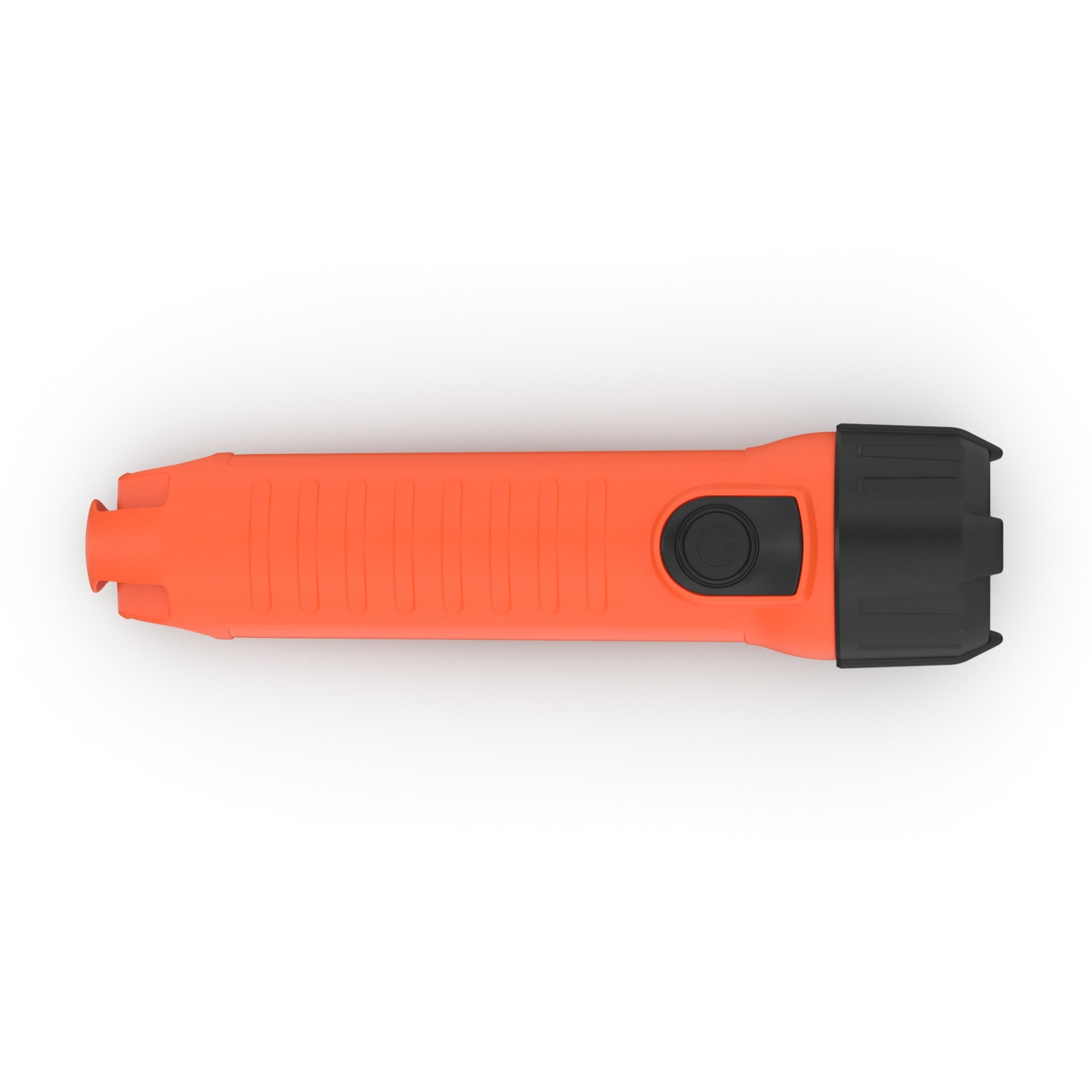 Eine orangefarbene Taschenlampe mit schwarzem Griff und Knopf liegt auf weißem Grund.