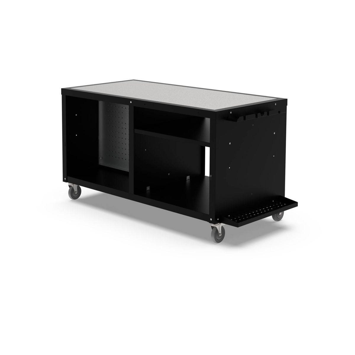 Eine schwarze Metallwerkbank mit gesprenkelter grauer Platte und Rädern.