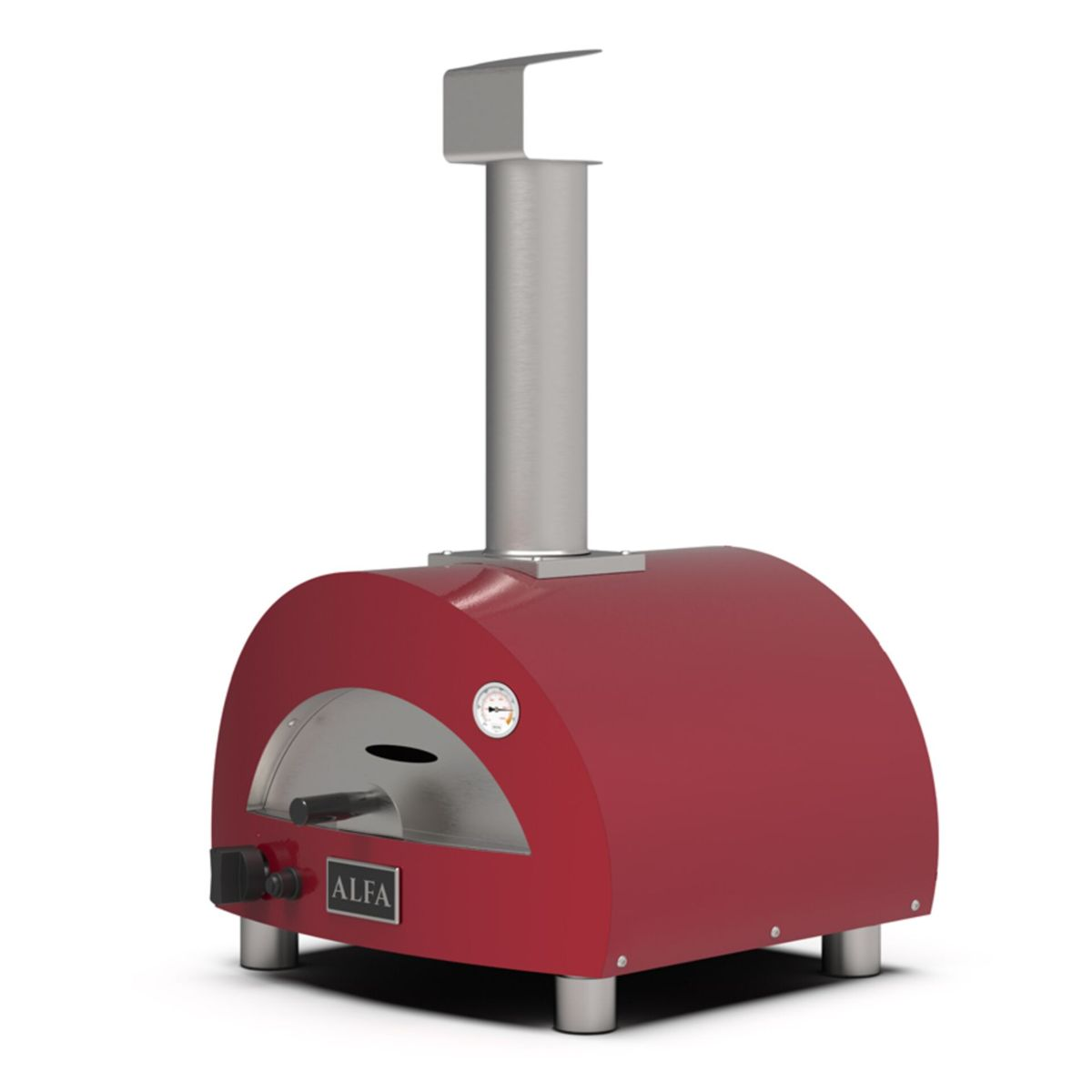 Ein roter Pizzaofen mit Edelstahlkamin und Thermometer steht auf vier Füßen.