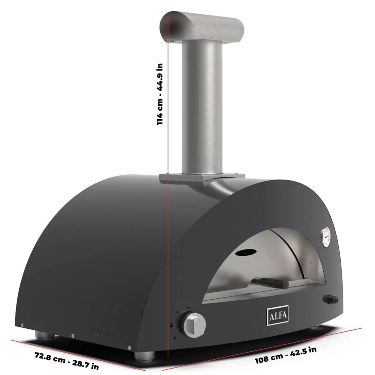Ein schwarzer Pizzaofen mit silbernem Schornstein und Maßen.