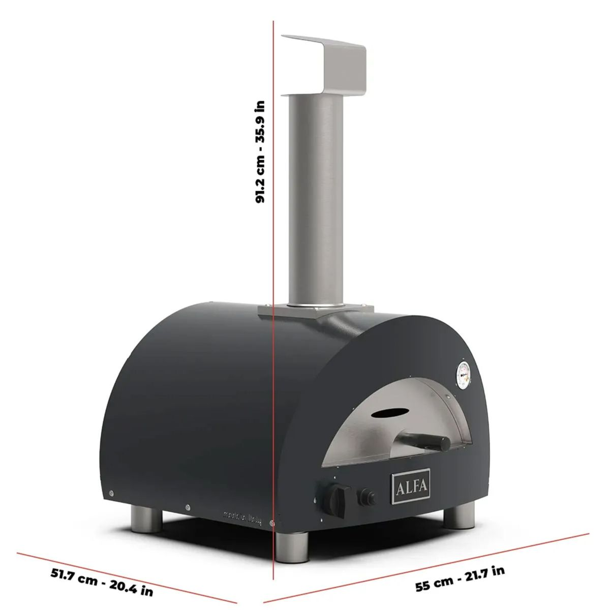 Ein dunkelgrauer Alfa Pizzaofen mit silbernem Schornstein und Beinen, mit Maßen.