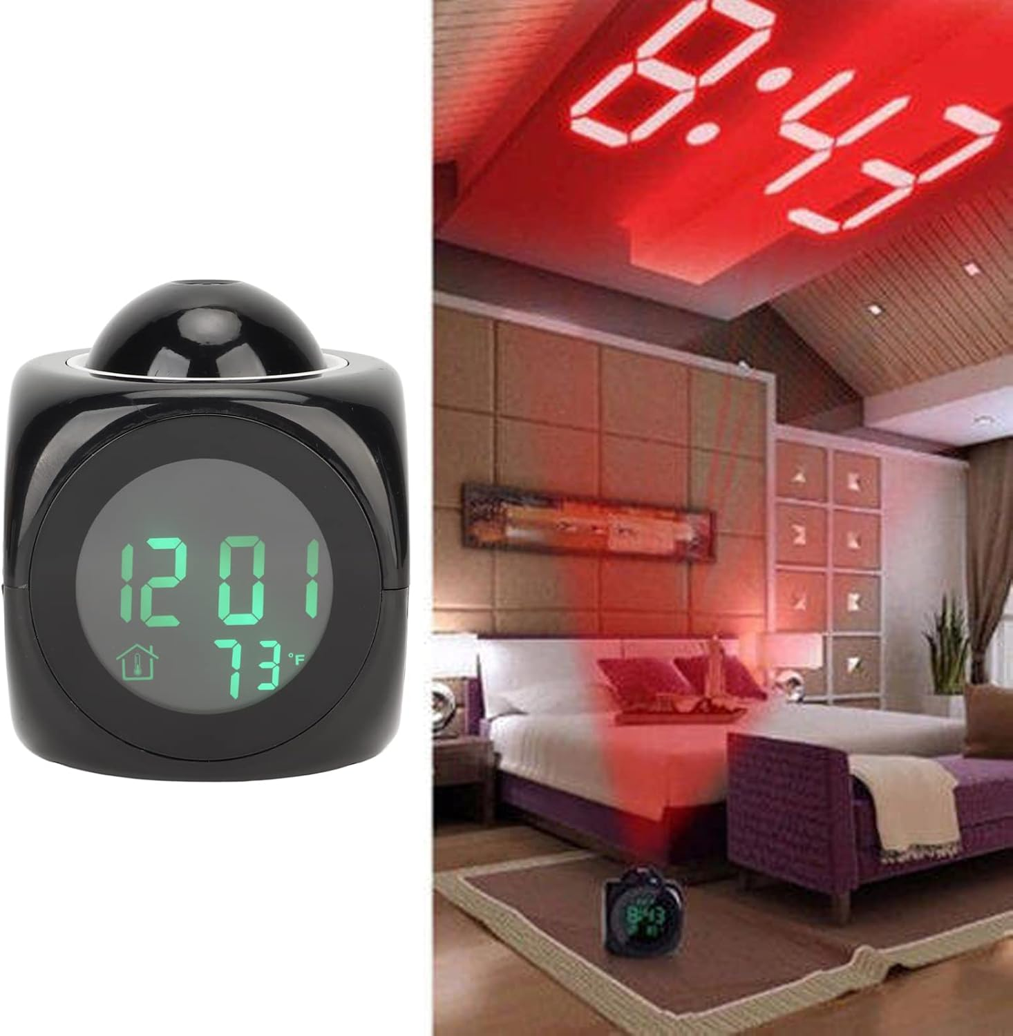Ein schwarzer Projektionswecker zeigt 12:01 und 73°F. Ein Schlafzimmer mit roter Zeitprojektion an der Decke.