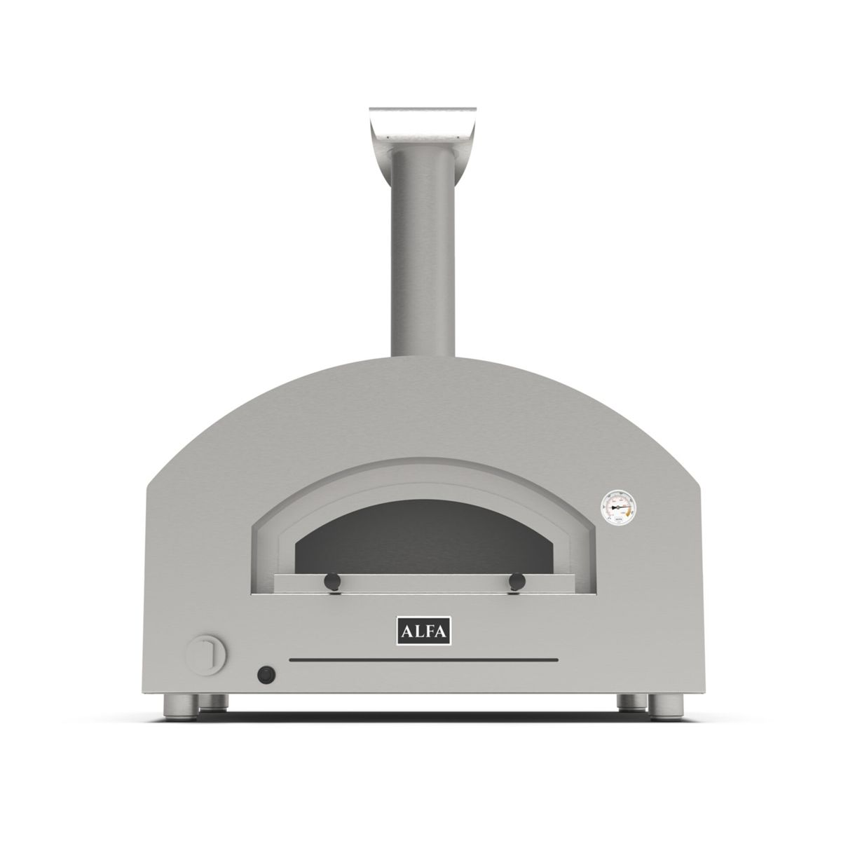 Ein silberner Pizzaofen mit Schornstein und ALFA-Logo.