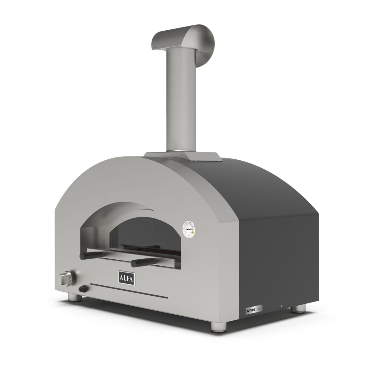 Ein silberner Pizzaofen mit einem dunklen Dach und einem Schornstein.