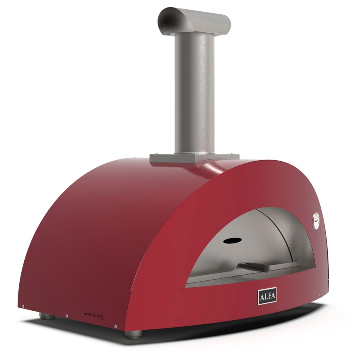 Ein roter Pizzaofen mit Edelstahlschornstein und ALFA-Logo.