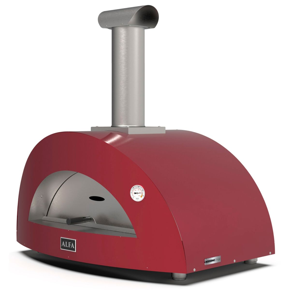 Ein roter Pizzaofen mit Edelstahlschornstein und Thermometer.