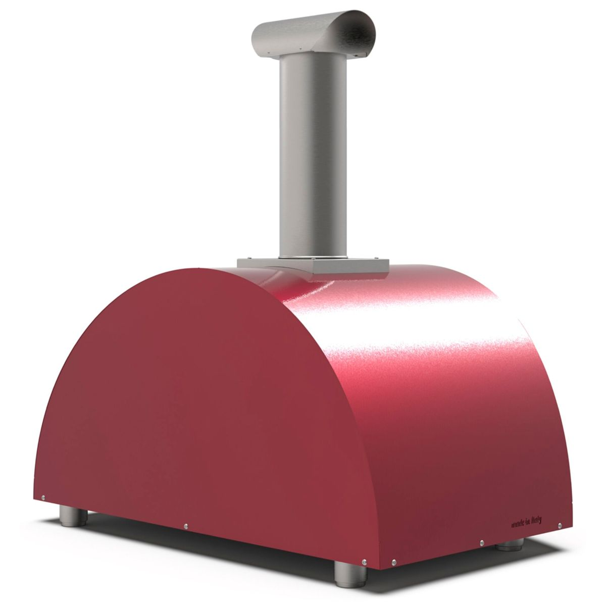 Ein roter Pizzaofen mit silbernem Schornstein auf weißem Hintergrund.