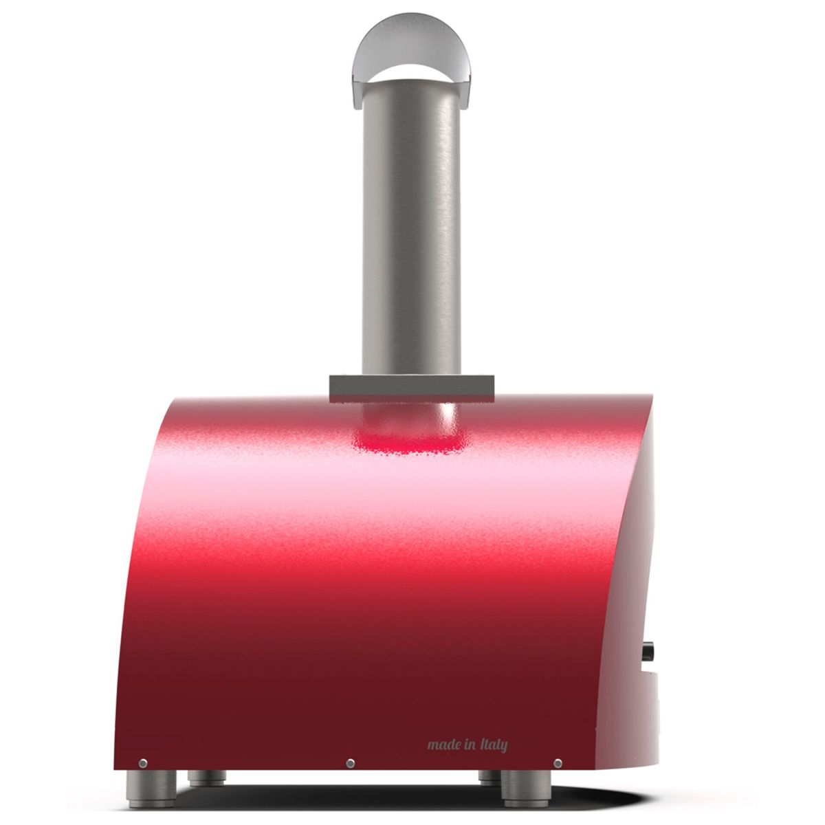 Ein roter Ofen mit Edelstahlschornstein und "made in Italy" Aufschrift.