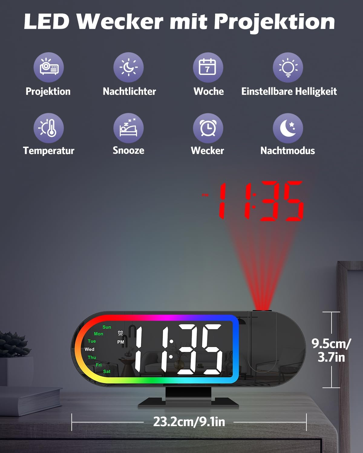 Ein digitaler LED-Wecker mit Projektionsfunktion zeigt 11:35 an.