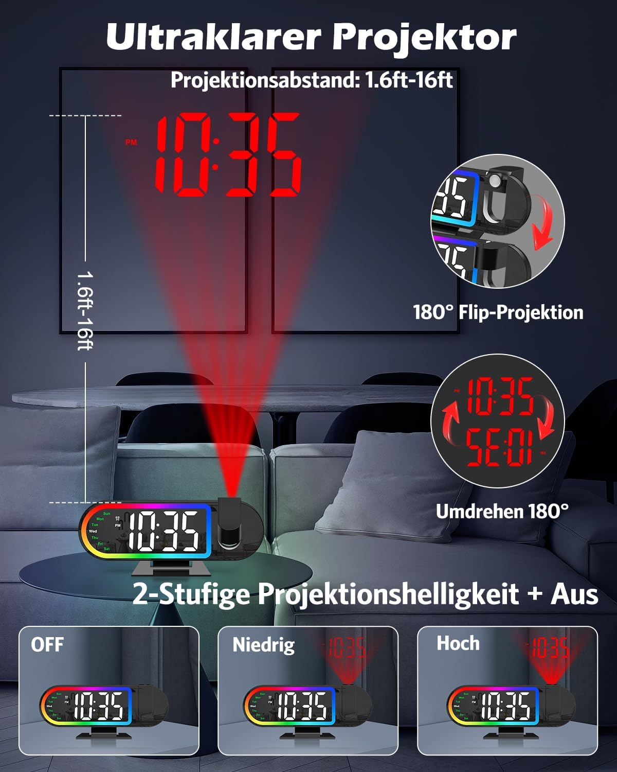 Ein Projektionswecker zeigt 10:35 an und wirft rotes Licht auf einen Bildschirm.