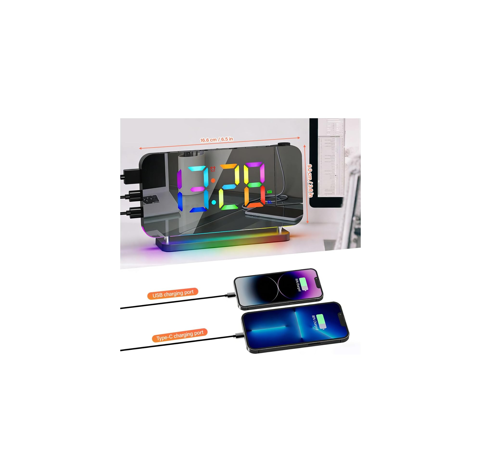 Ein digitaler Wecker mit verspiegeltem Display zeigt 9:29 und lädt zwei Telefone.