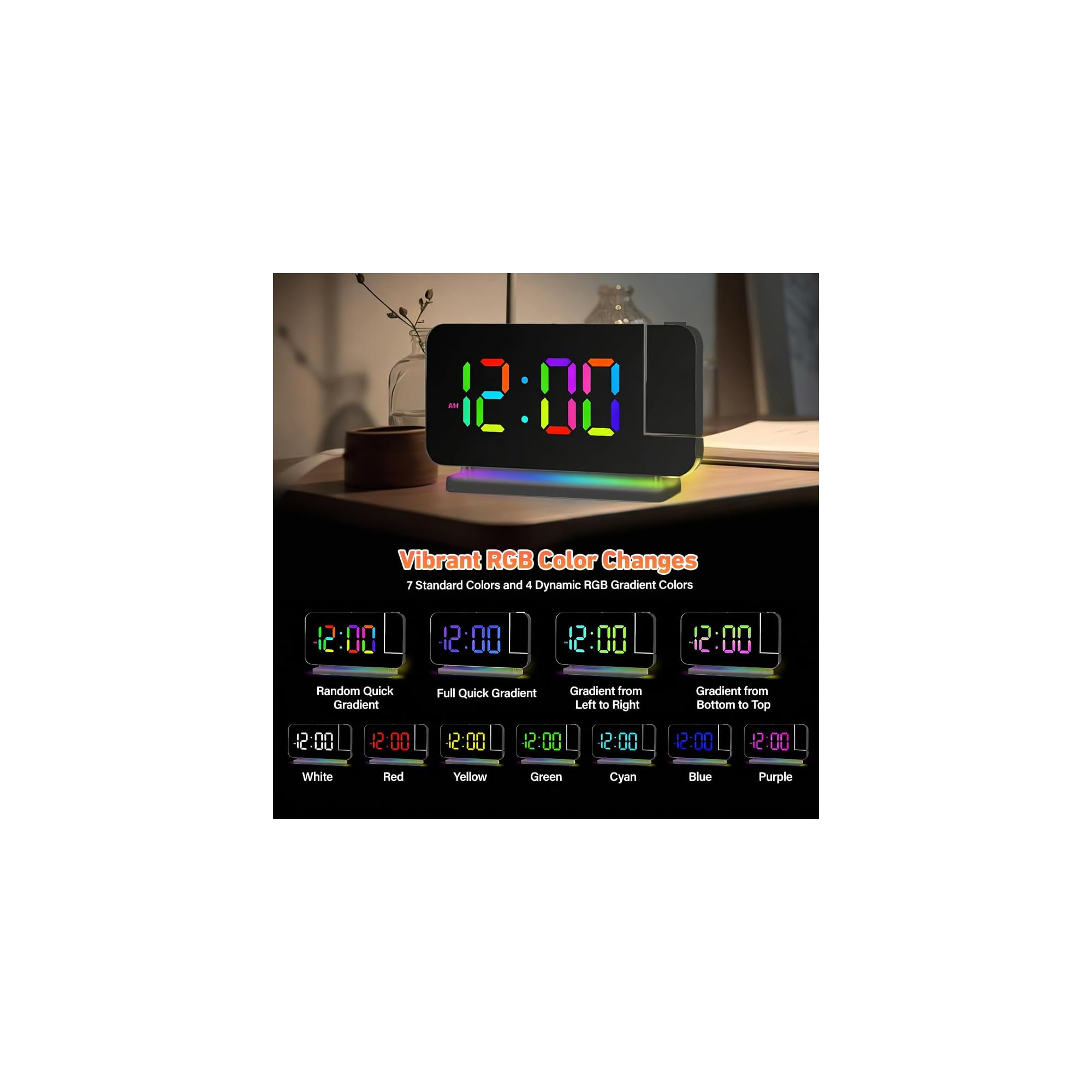 Digitaluhr zeigt 12:00 mit lebendigen RGB-Farben und Farbverlaufeffekten.