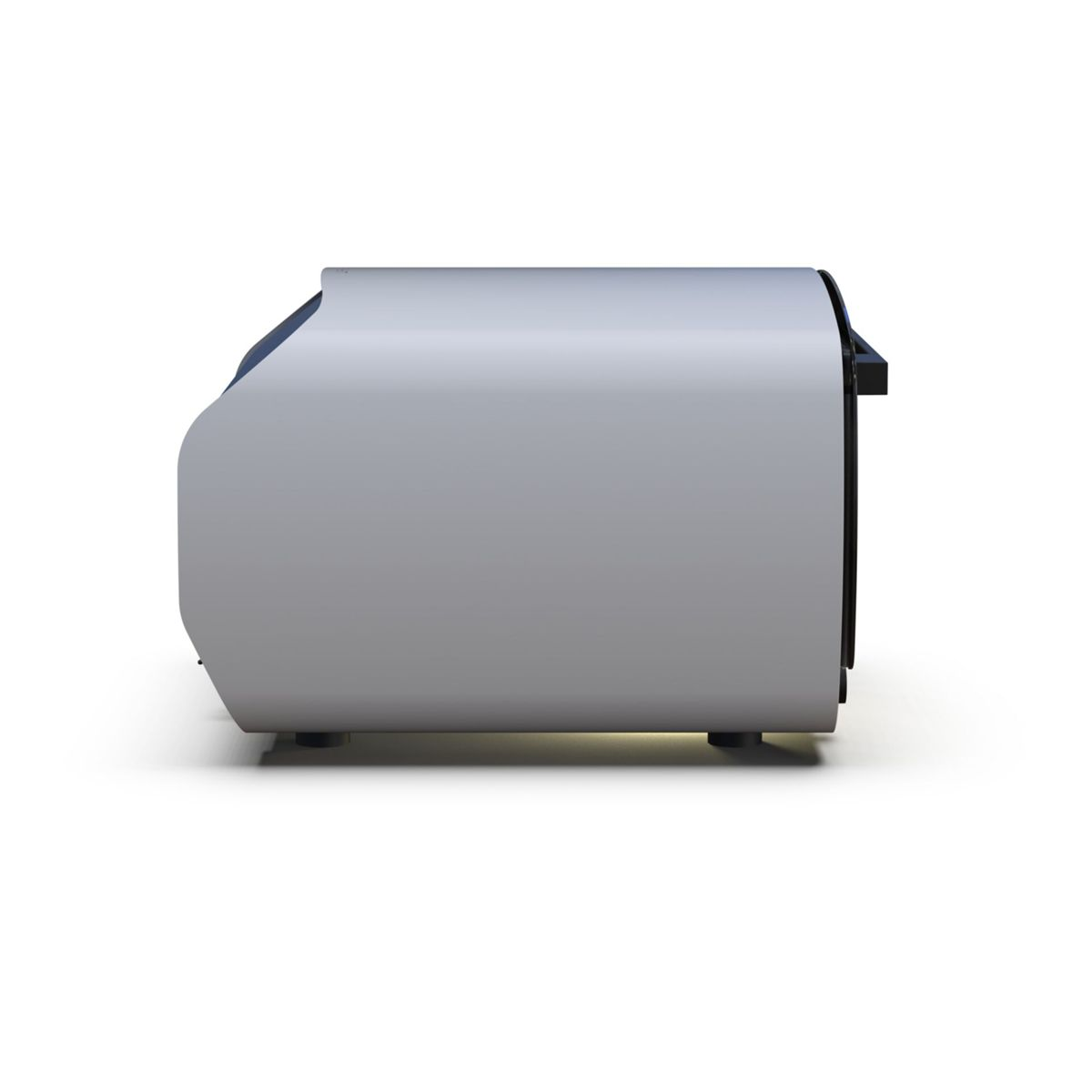 Seitenansicht eines silbernen und schwarzen elektronischen Geräts, möglicher Drucker oder Scanner.