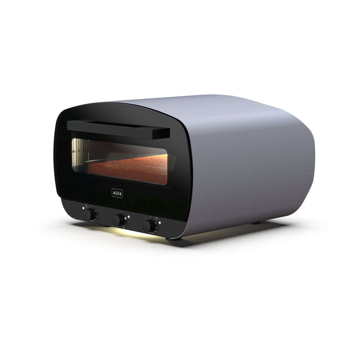 Grauer Toaster mit Glasfront und beleuchtetem Innenraum.