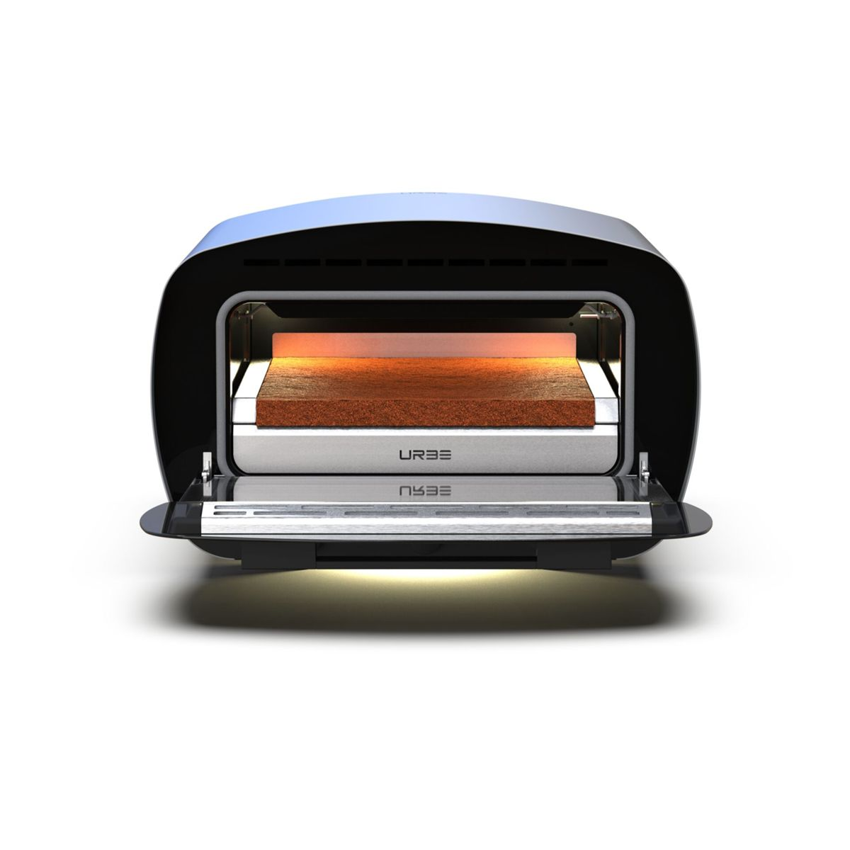 Ein moderner schwarzer und silberner Toaster mit offener Tür, der eine geröstete Brotscheibe zeigt.