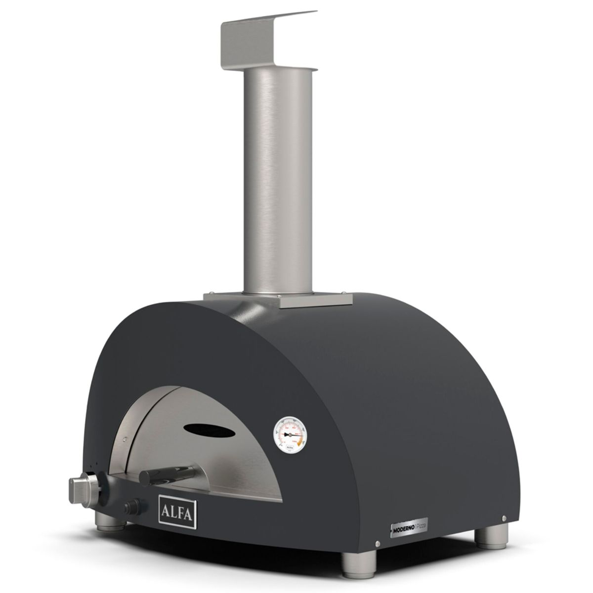 Dunkelgrauer Pizzaofen mit Edelstahlkamin, Thermometer und ALFA-Logo.