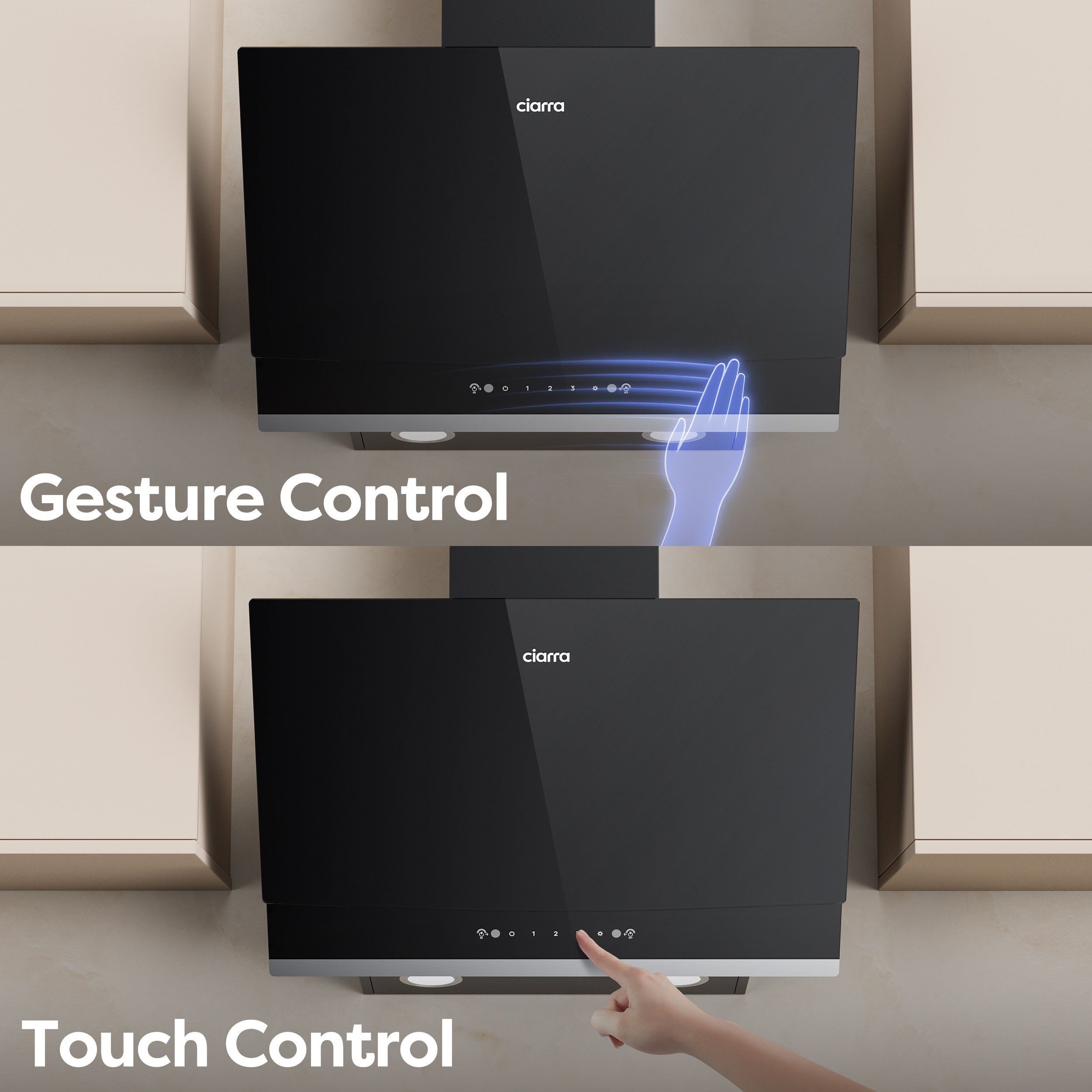 Abzugshaube mit Touch- und Gestensteuerung, weiße Symbole auf schwarzem Glas.