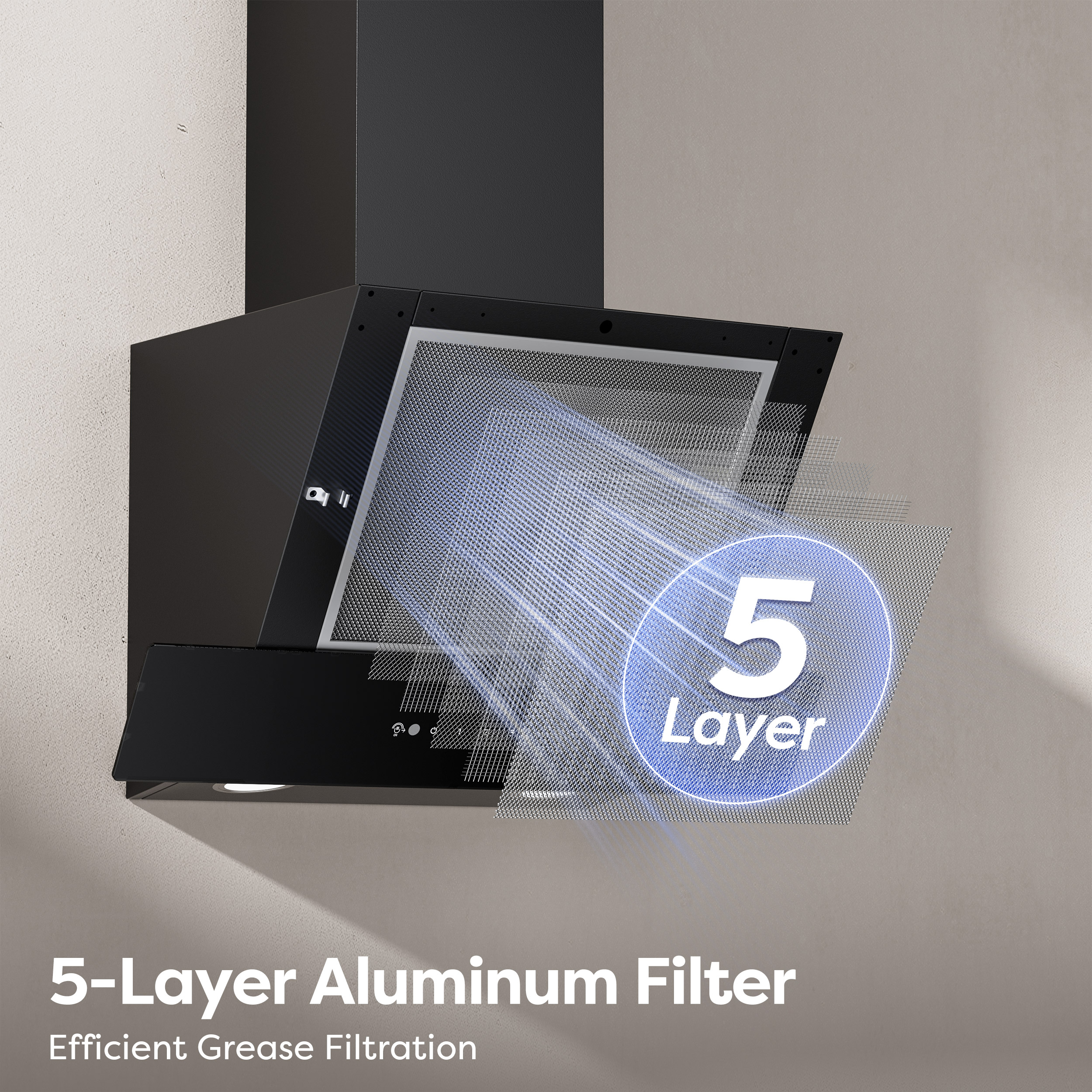 Schwarze Dunstabzugshaube mit 5-lagigem Aluminiumfilter für effiziente Fettfiltration.