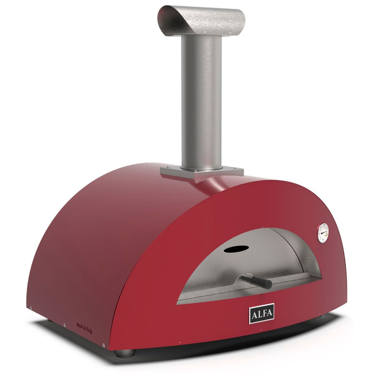 Ein roter Pizzaofen mit Schornstein und Thermometer auf weißem Hintergrund.