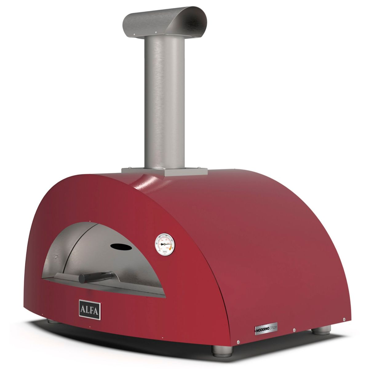 Ein roter Pizzaofen mit Edelstahlschornstein und Thermometer.