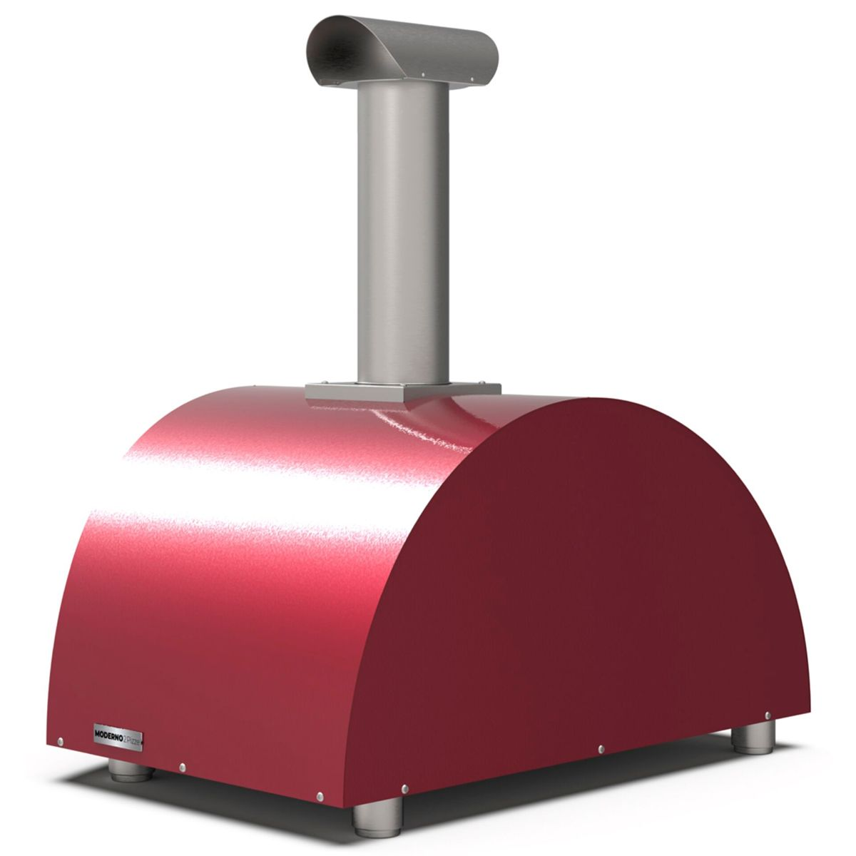 Roter Pizzaofen mit Schornstein auf weißem Hintergrund.