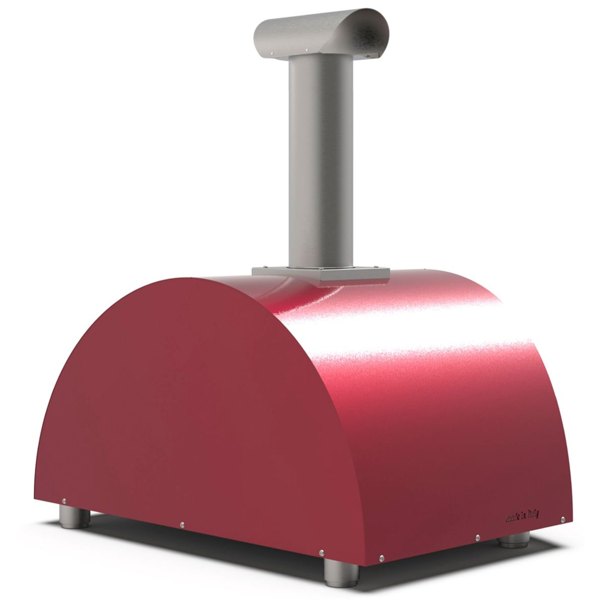 Ein roter Pizzaofen mit Schornstein aus Metall, auf weißen Beinen stehend.
