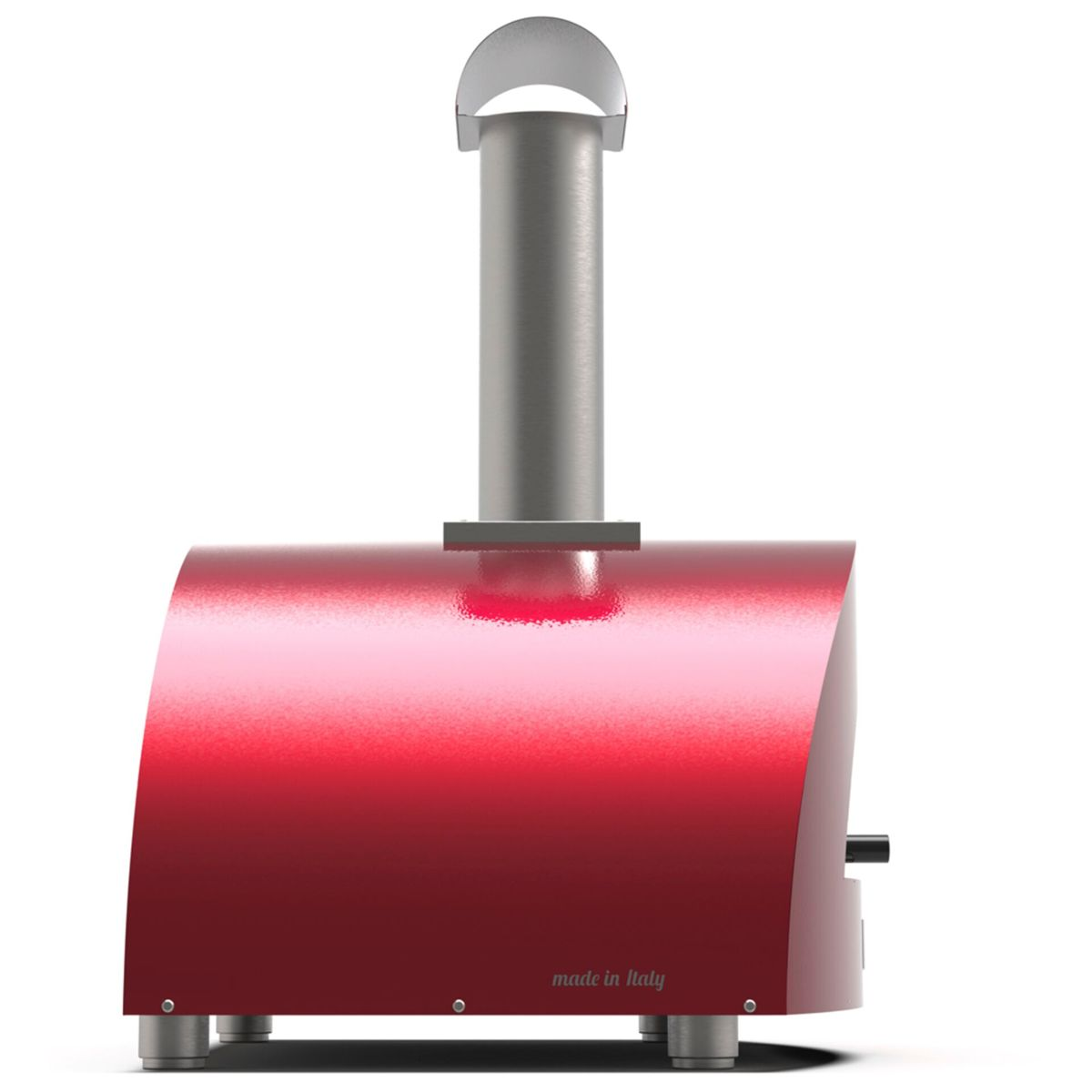 Ein roter Ofen mit Edelstahlschornstein und "made in Italy" Aufschrift.