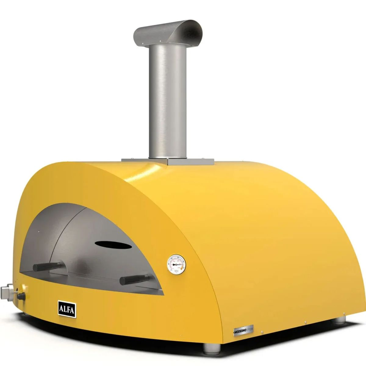 Ein gelber Pizzaofen mit einem Edelstahlschornstein und einem Thermometer.