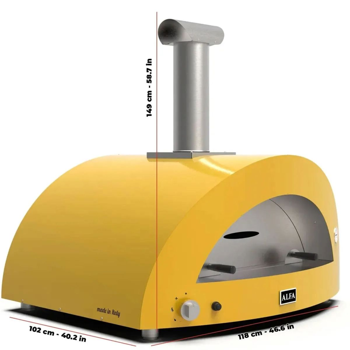 Ein gelber Pizzaofen mit Schornstein und Maßen.