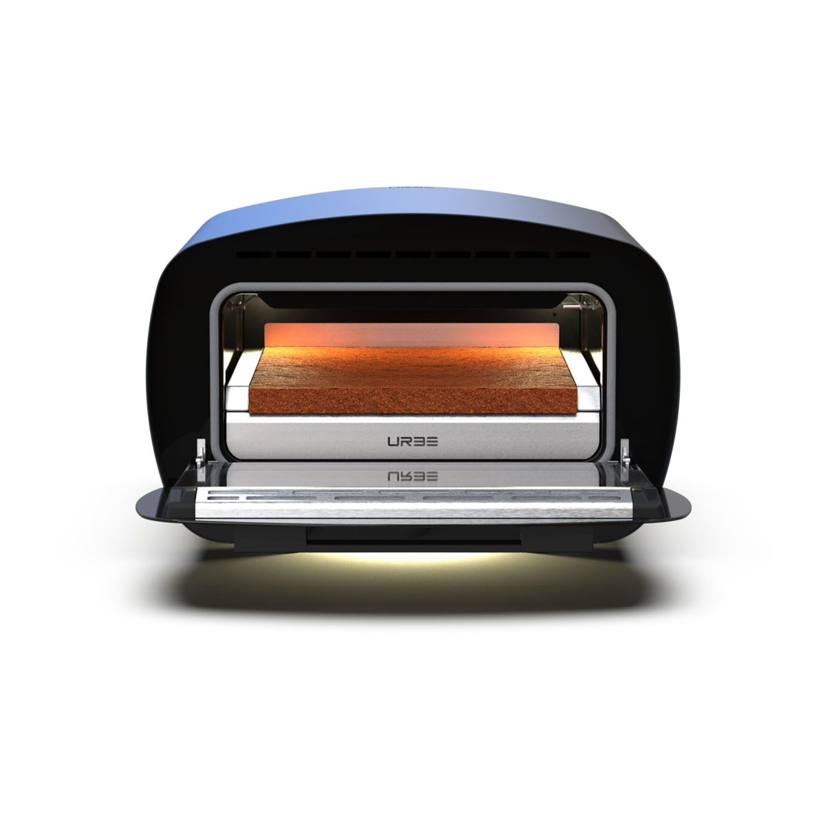 Ein schwarzer Toaster mit geöffneter Klappe, der einen braunen Kuchen zeigt, der gebacken wird.