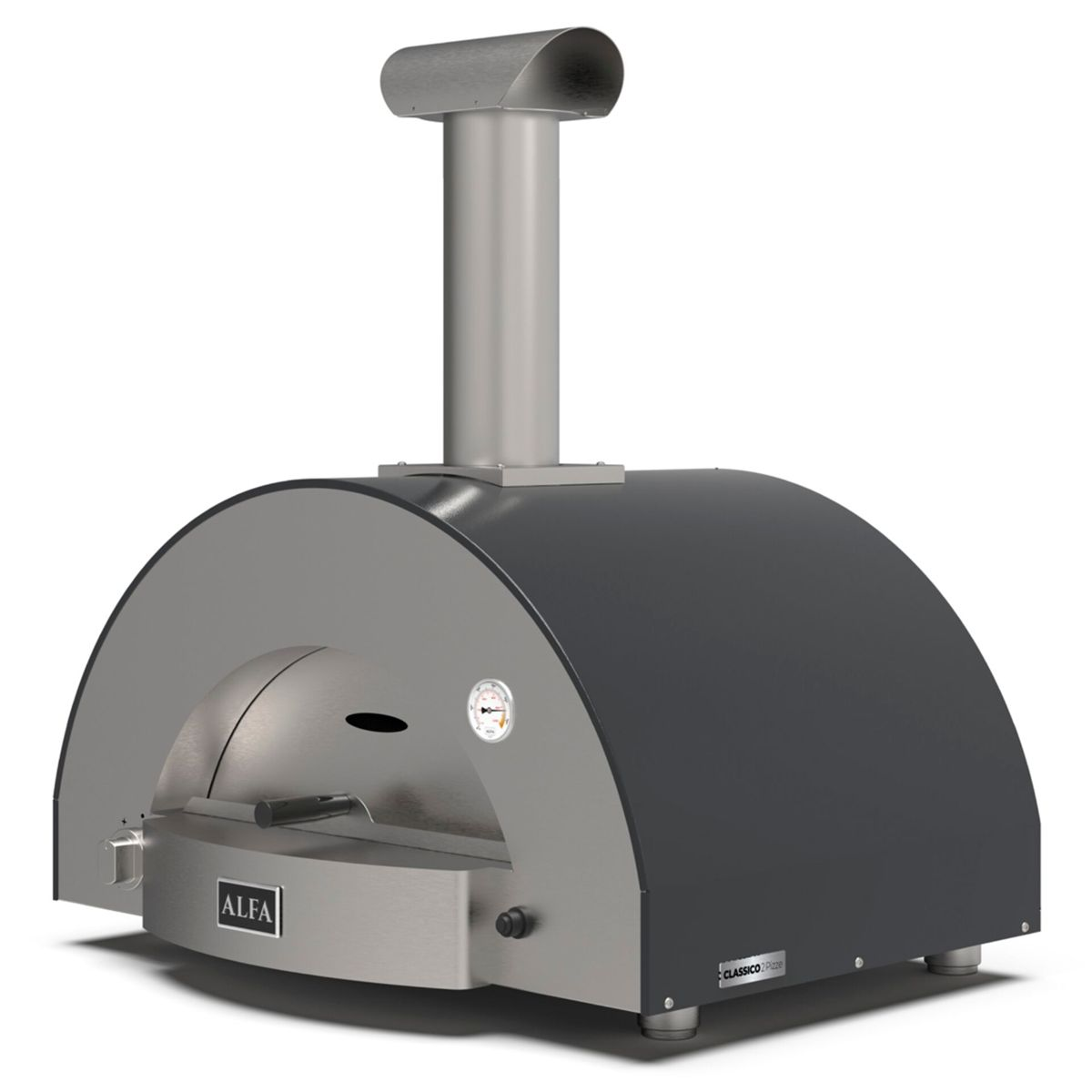Ein domförmiger Pizzaofen aus Metall mit Schornstein und Thermometer.