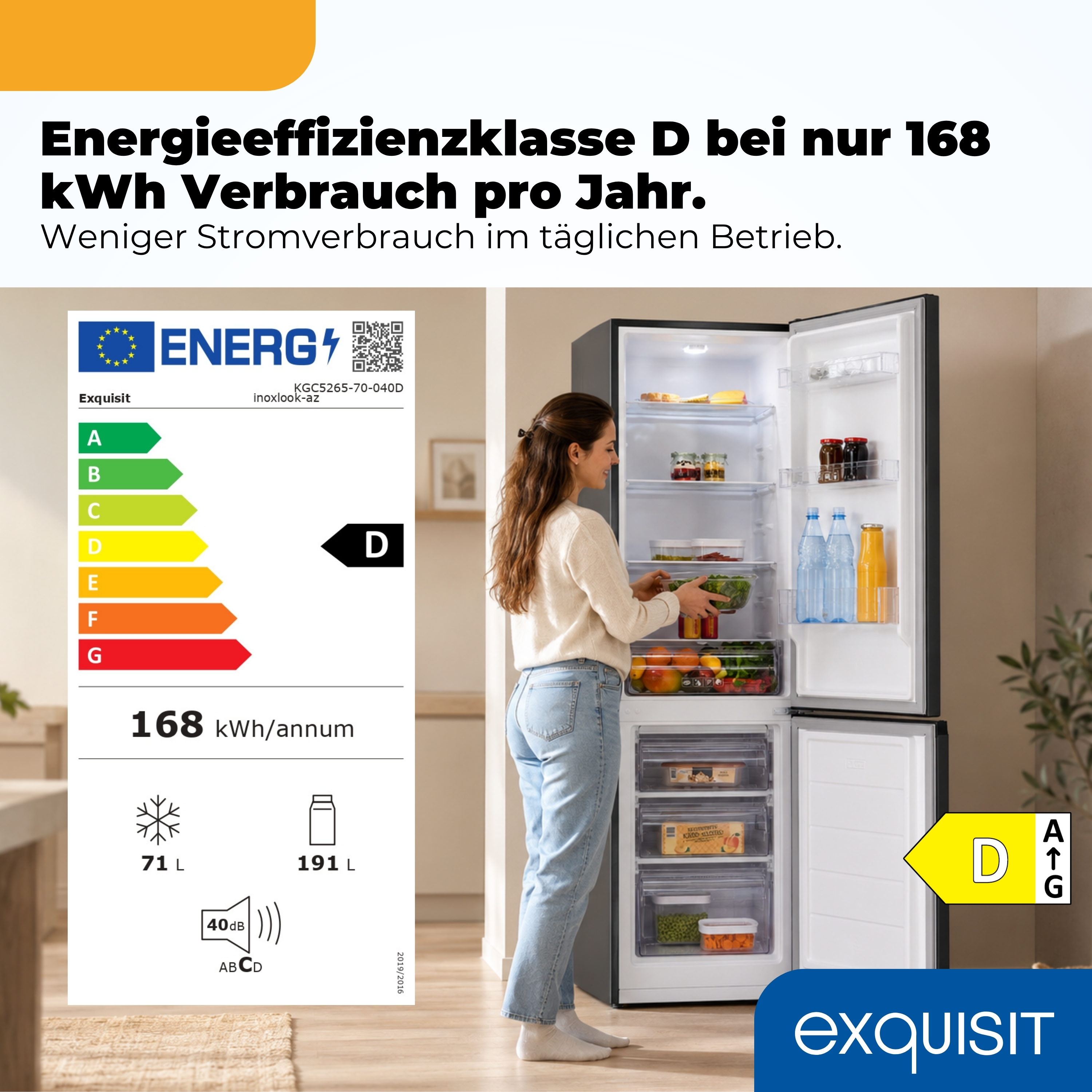 Kühlschrank mit Energieeffizienzklasse D, 168 kWh/Jahr, mit Frau.
