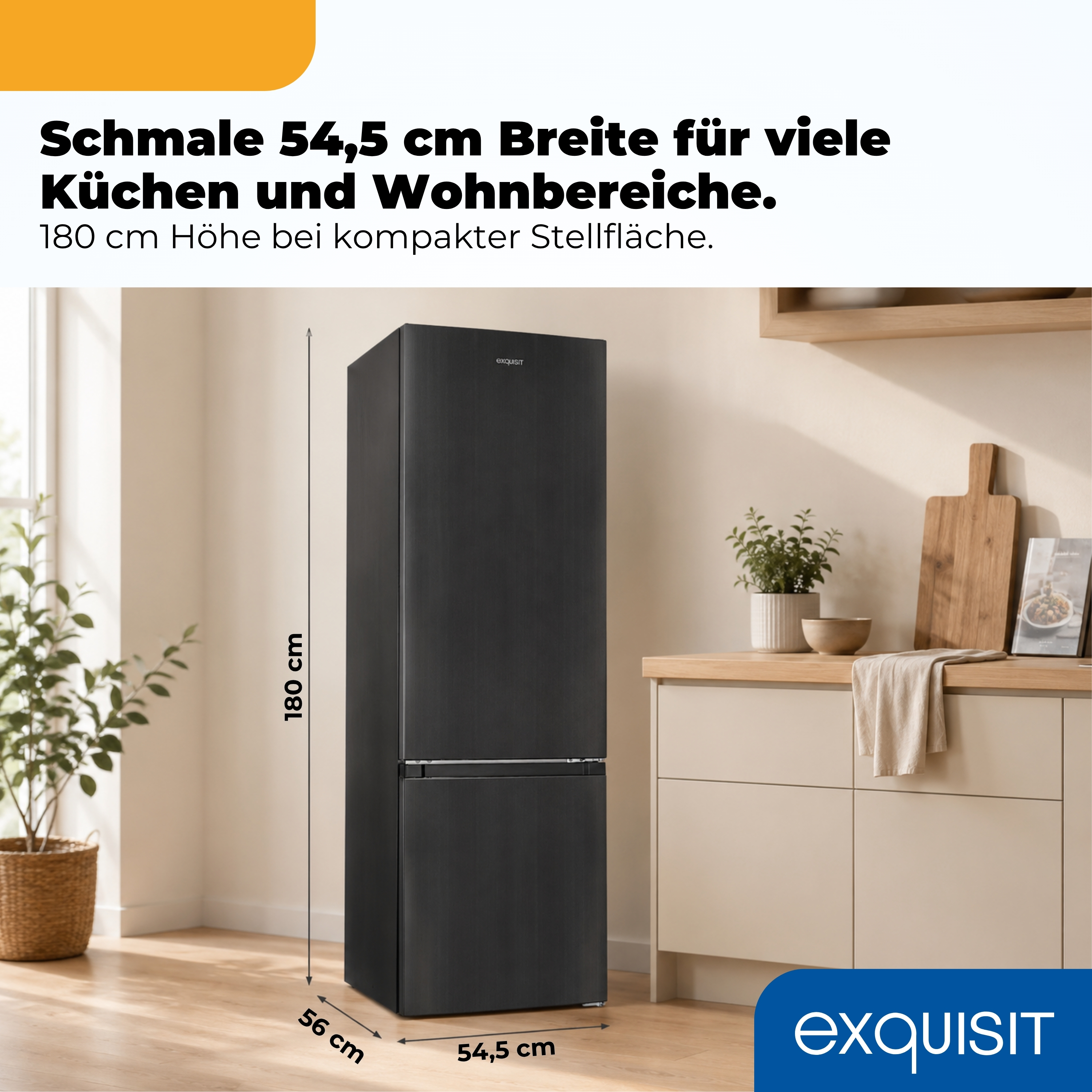 Ein schmaler schwarzer Kühlschrank (54,5x180cm) steht in einer hellen Küche.
