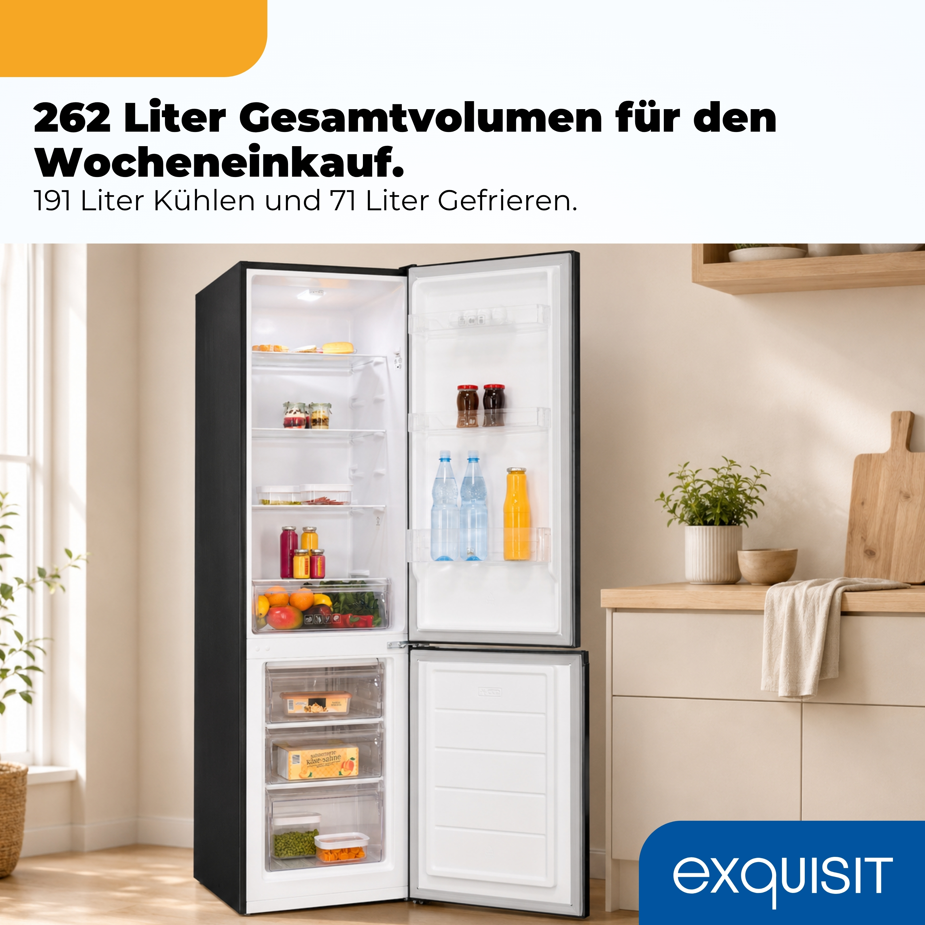 Ein offener schwarzer Kühlschrank mit Lebensmitteln und Flaschen.