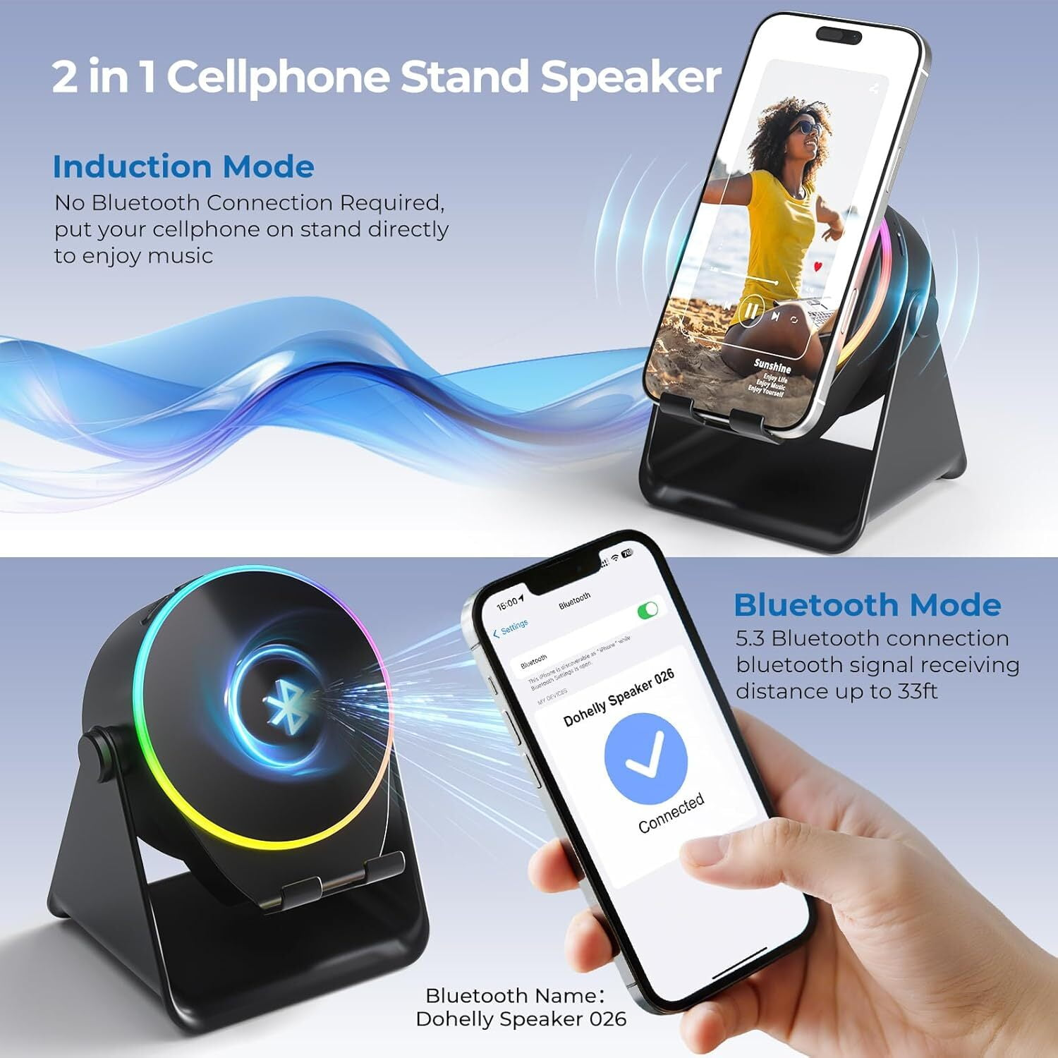 2-in-1-Handy-Ständer-Lautsprecher mit induktiver Ladung und Bluetooth.