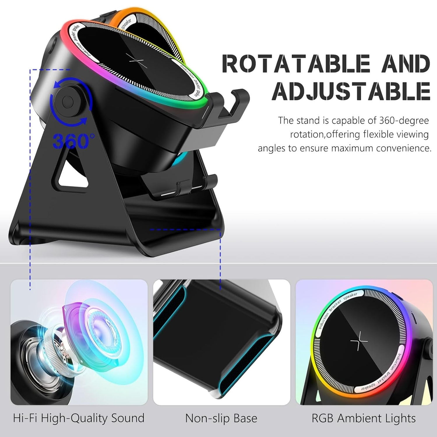 Schwarz verstellbarer Ständer mit RGB-Licht, Hi-Fi-Lautsprecher und rutschfester Basis.