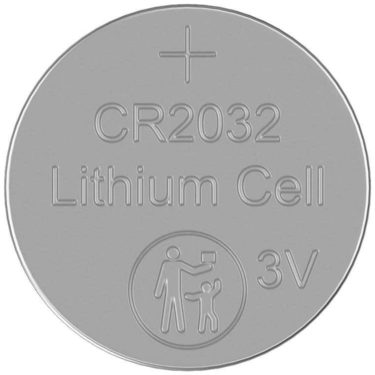 Flache, silberne CR2032 Lithium-Batterie mit 3V und Warnsymbol.