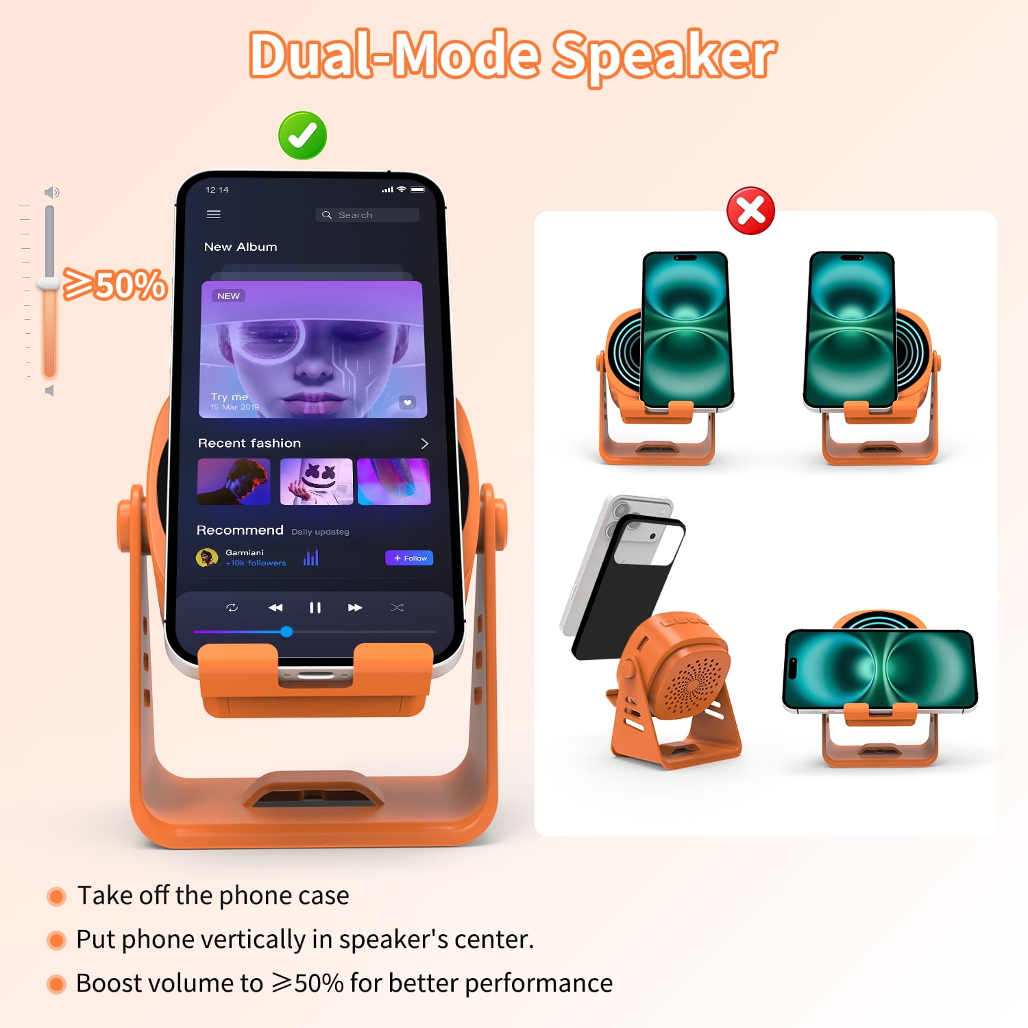 Orange Lautsprecher mit Telefonen: vertikal/horizontal, Lautstärke <gt/>50%.