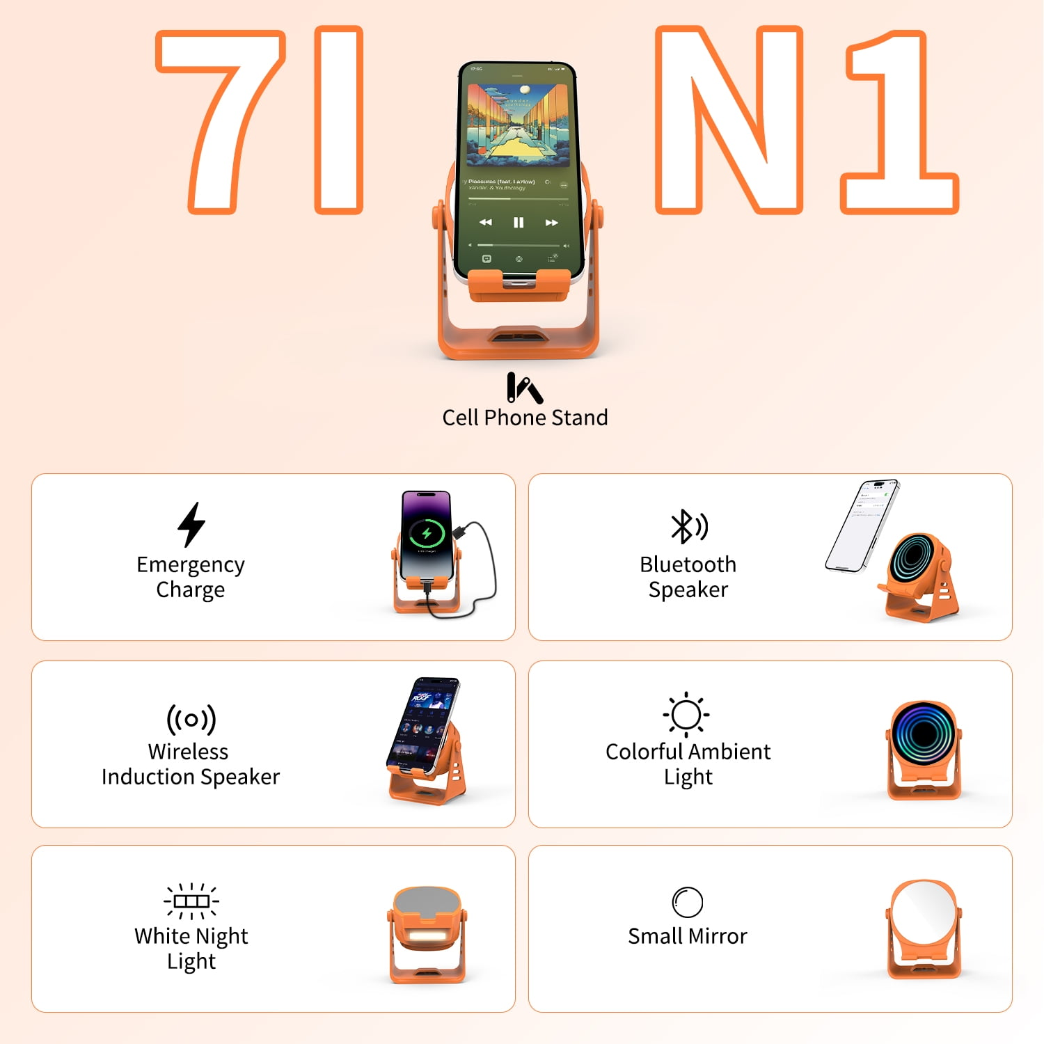 Ein orangefarbener Handy-Ständer mit 7-in-1-Funktionen: Ladegerät, Lautsprecher, Licht, Spiegel.