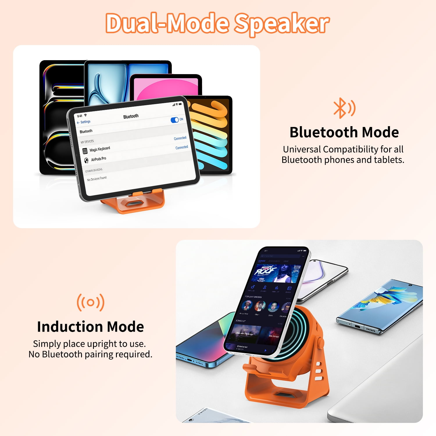 Orange Dual-Mode Lautsprecher mit Tablets und Smartphones in den Modi Bluetooth und Induktion.