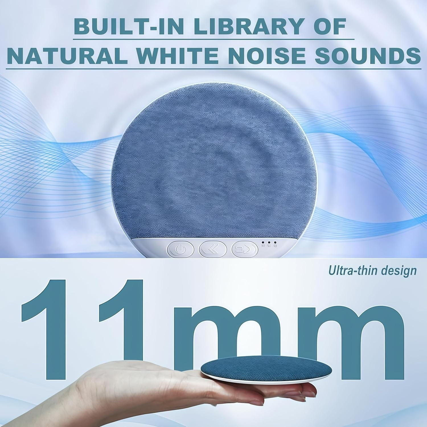 Ein blauer, runder White-Noise-Lautsprecher wird über einer Hand gezeigt. 11mm dick.