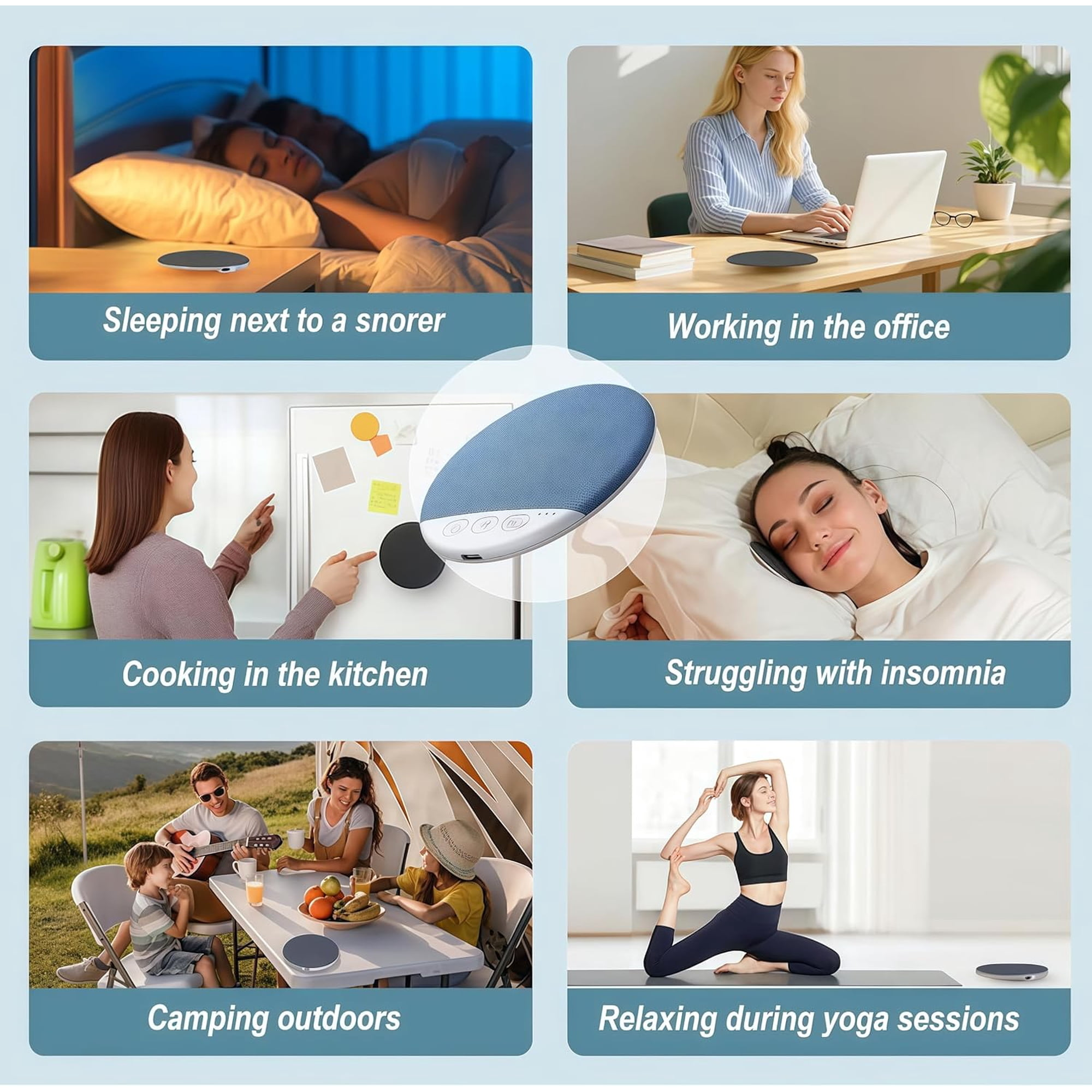 Collage aus sechs Szenen: Schlafen, Arbeiten, Kochen, Schlaflosigkeit, Camping, Yoga, alle mit einem Gerät.