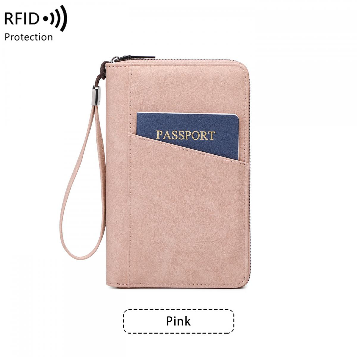 Ein rosafarbener Reisepasshalter mit RFID-Schutz und einem blauen Reisepass.