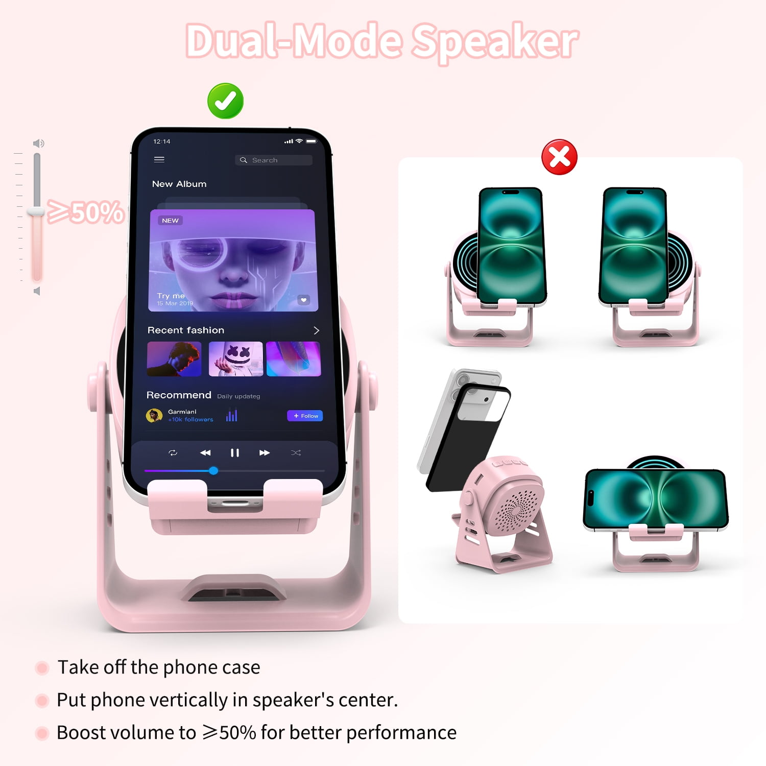 Ein rosa Lautsprecherständer hält ein Handy mit Musik. Daneben sind Beispiele für falsche Platzierung.