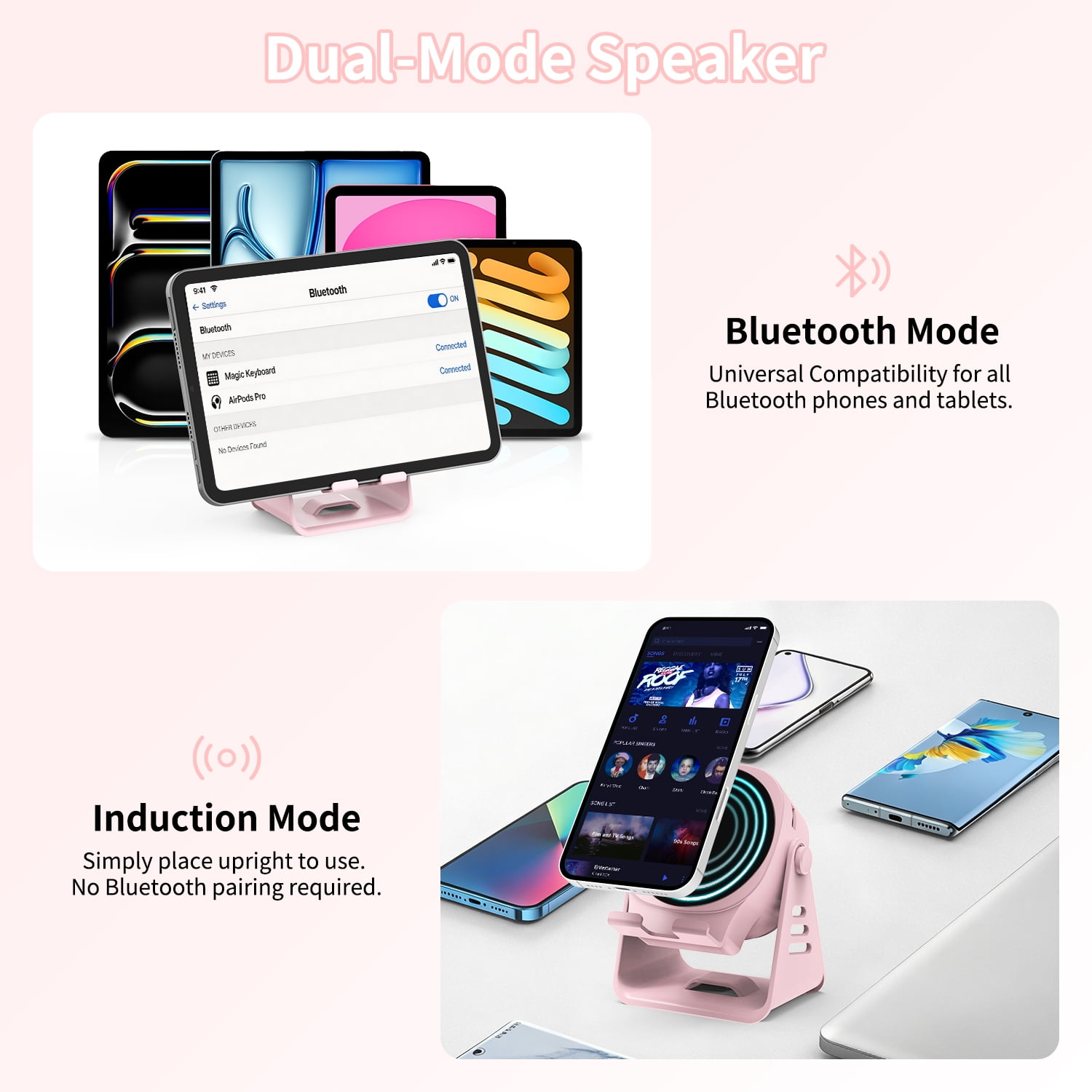 Zwei-Modus-Lautsprecher mit Bluetooth- und Induktionsmodus. Gezeigt mit Tablets und Handys.