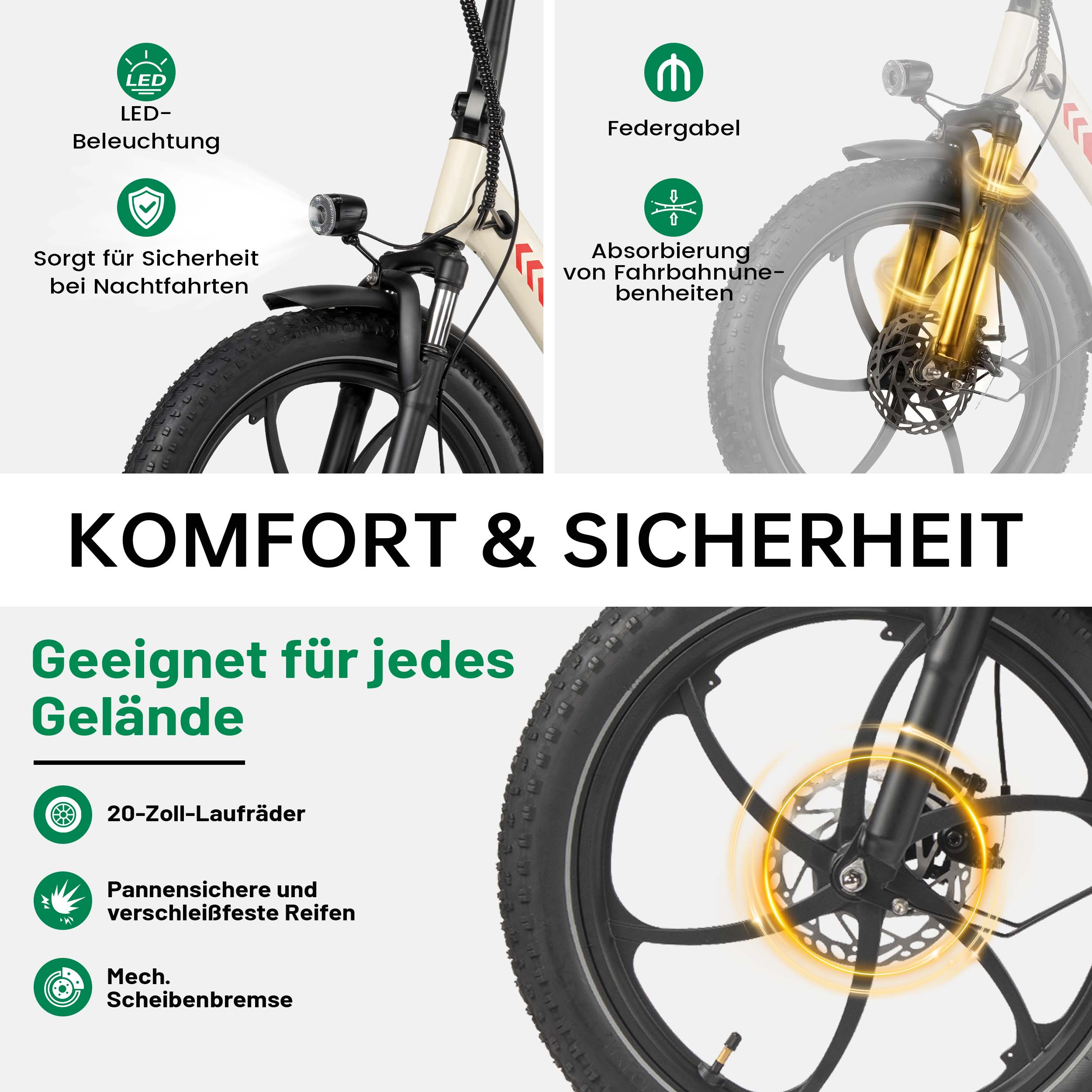 Fahrrad mit LED-Beleuchtung, Federgabel, 20-Zoll-Rädern und Scheibenbremsen.