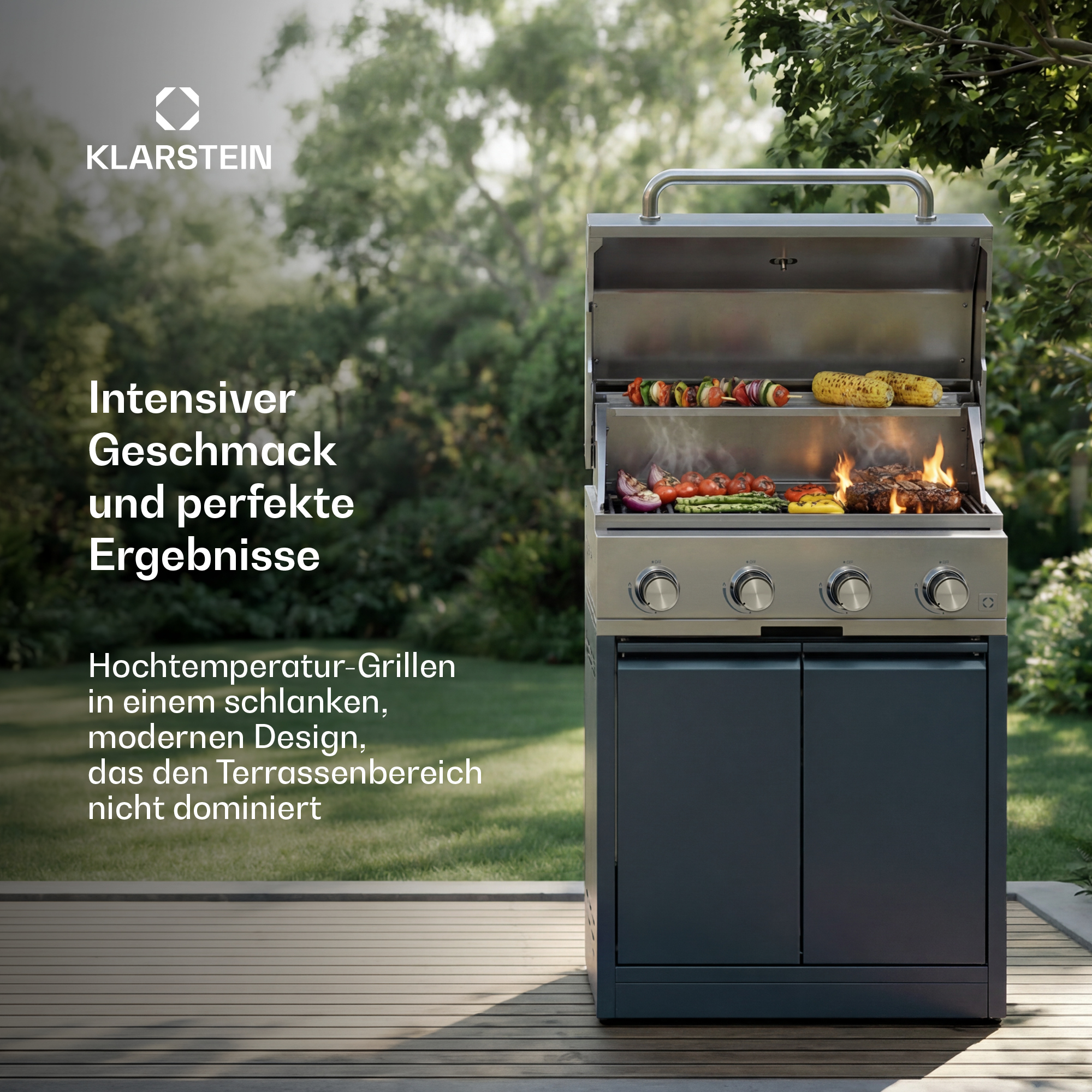 Ein moderner Grill mit Essen, im Freien auf einem Holzdeck.